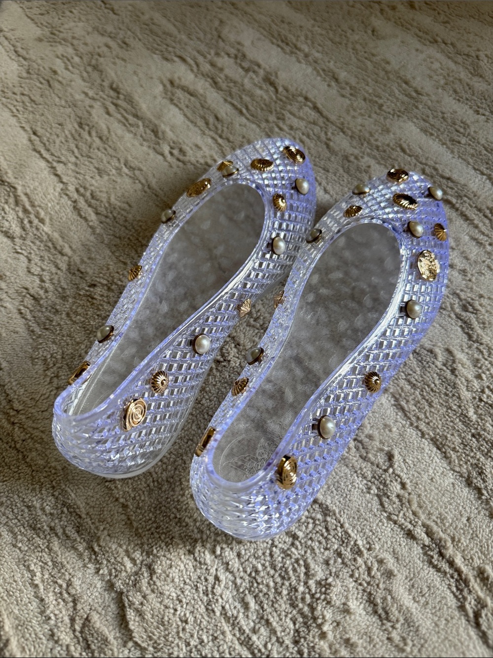 NEVER WORN Clear Jelly Ballet Flats with Gold and Pearl Accents - Women